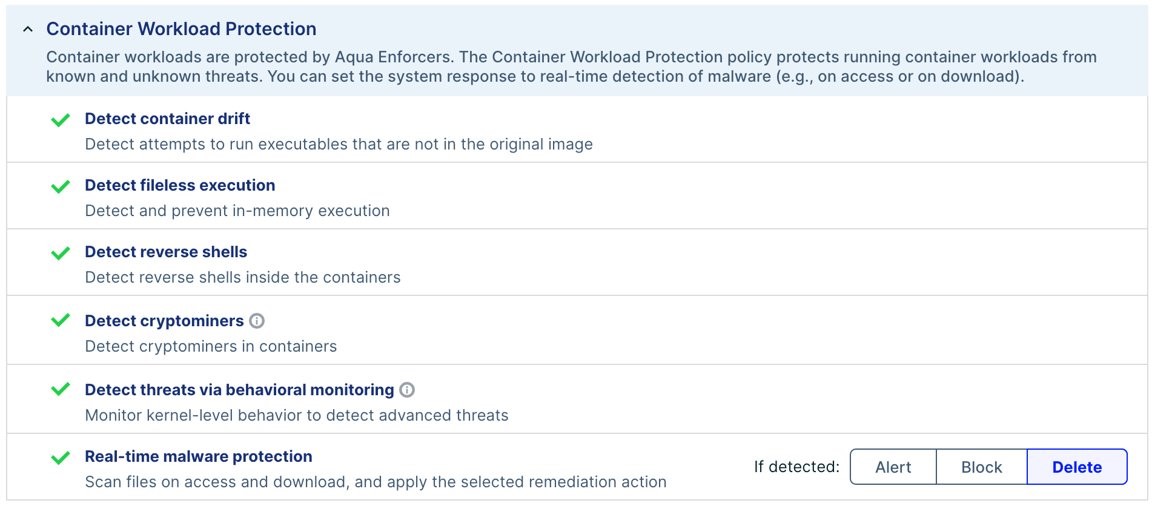Screenshot of Aqua Container Workload dashboard allowing user to alert, block, or delete detected real-time malware