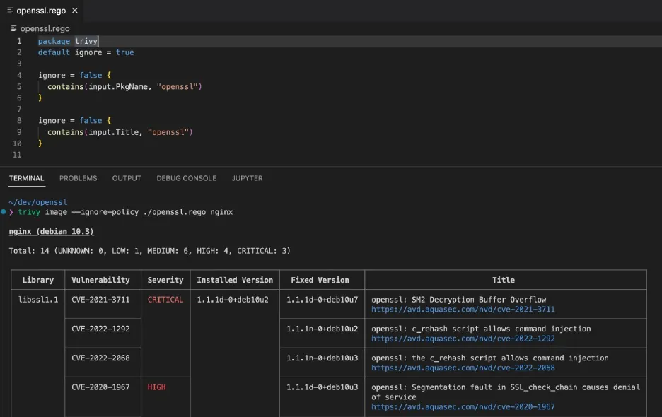 Trivy scans the nginx container image for OpenSSL related vulnerabilities