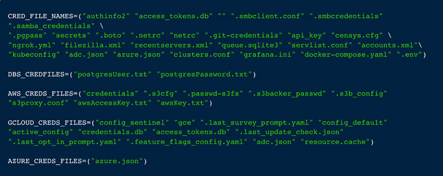Some lists of credential files that TeamTNT is looking to extract from targeted hosts.
