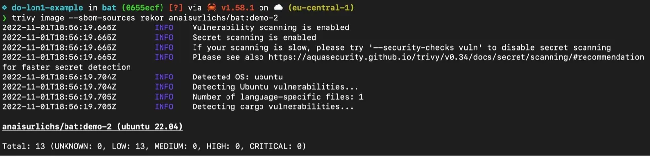 Trivy finds the SBOM to the binary file through Rekor