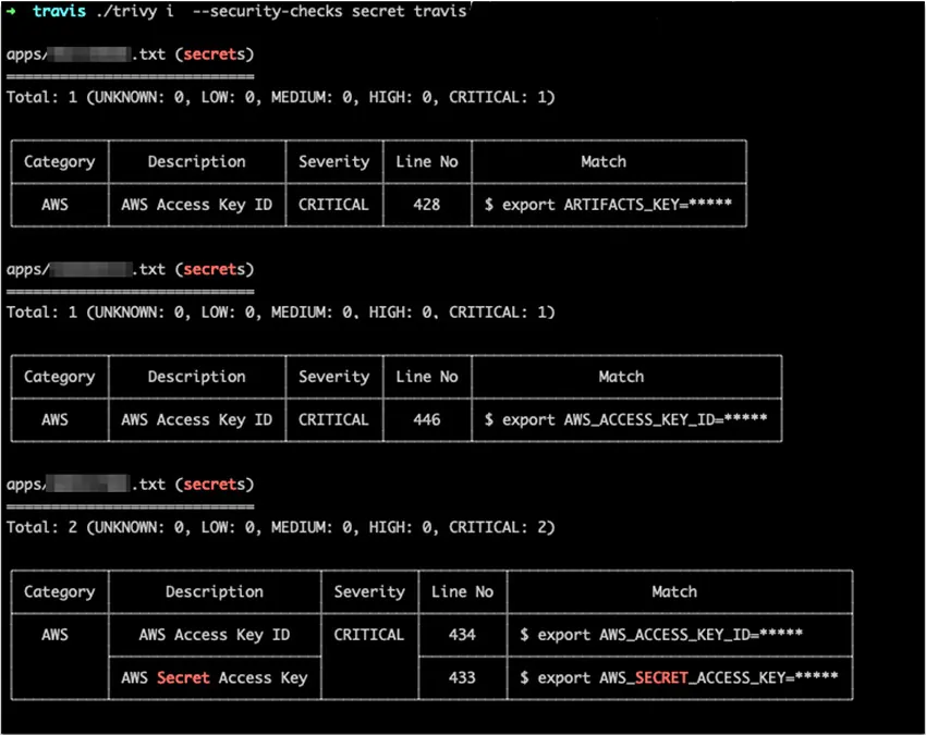 Screenshot of a Trivy scan results that show detection of secrets in files 