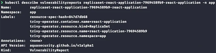 Using kubectl to display the CRD of a specific vulnerability report