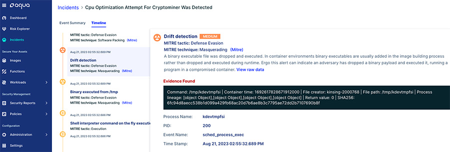 Drift Detection - The file kdevtmpfsi (a Monero cryptominer) is downloaded into the container