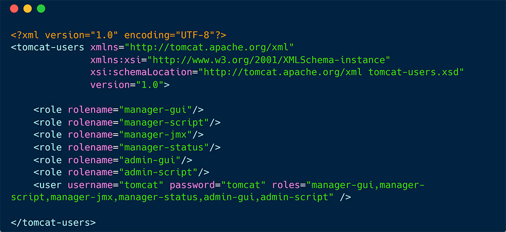 An example for Tomcat’s configuration file – ‘tomcat_users.xml’  