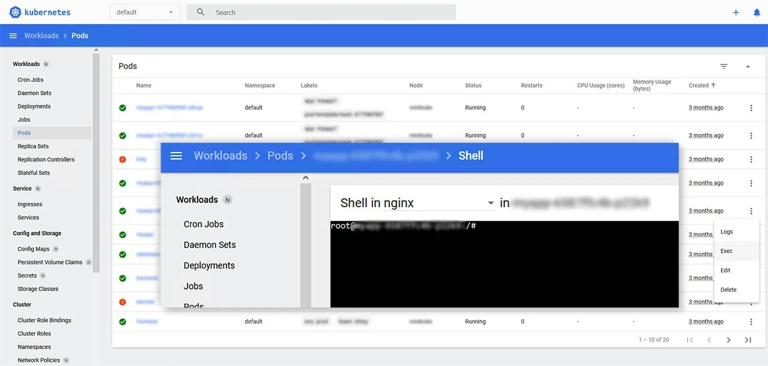 Opening a shell connection to a running pod through a misconfigured Kubernetes Dashboard