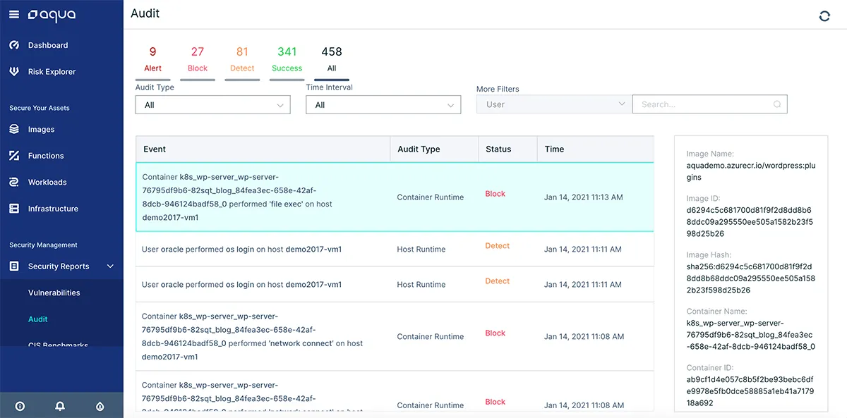 The Aqua audit console view