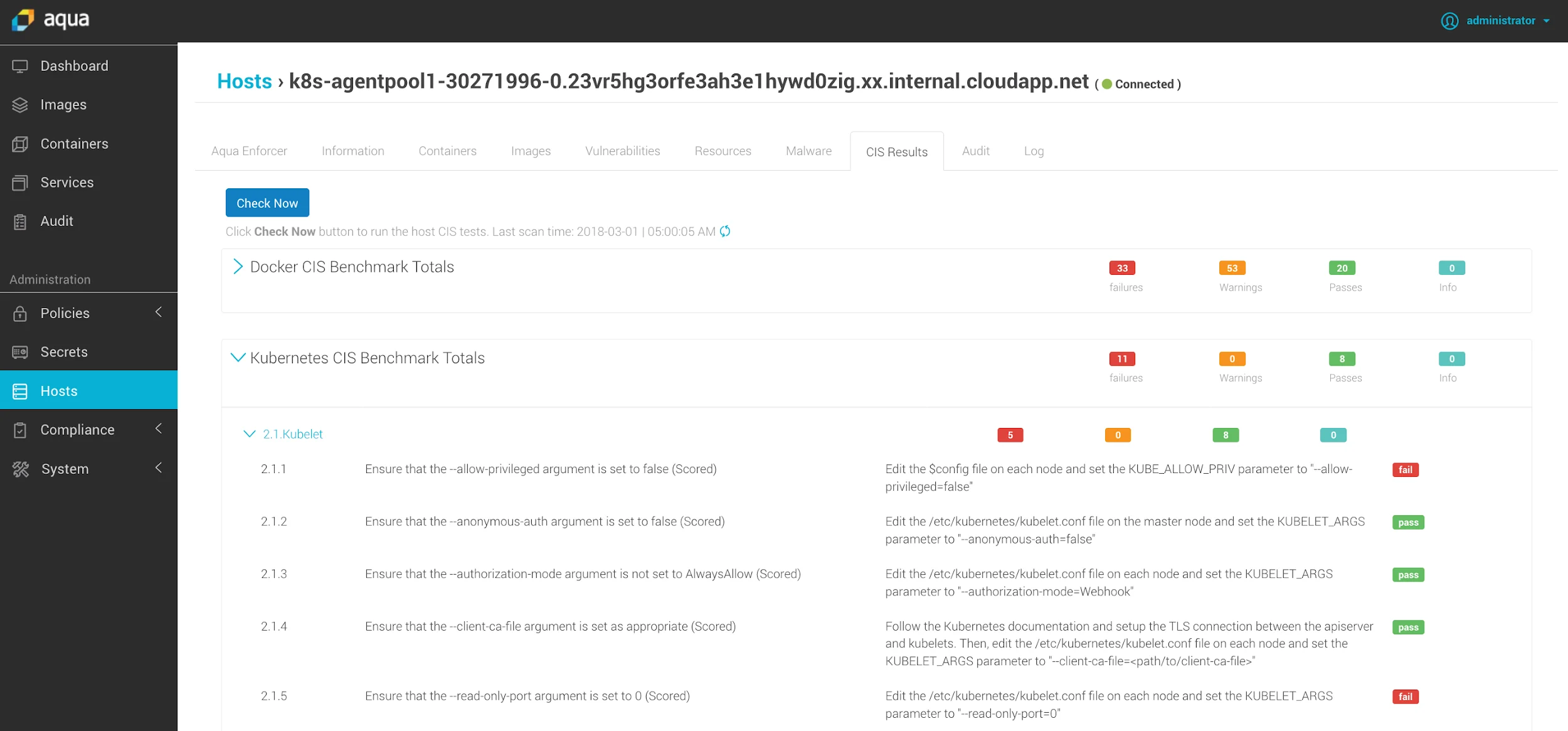 CIS Kubernetes Benchmark results displayed alongside the CIS Docker Benchmark
