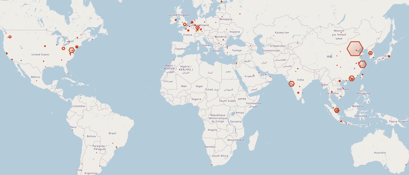 A map depicting the amount and locations of compromised Redis servers