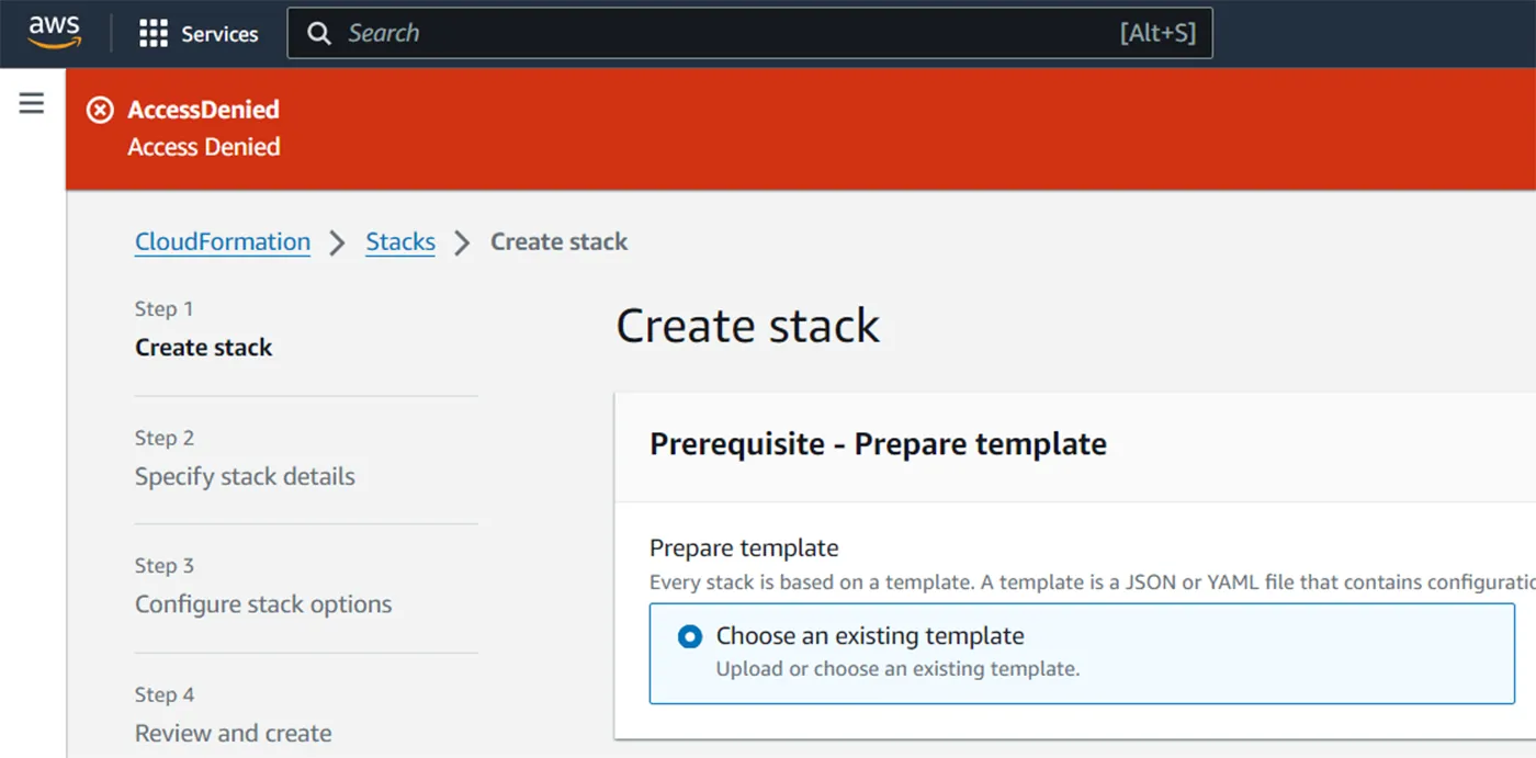 The victim is blocked from using the CloudFormation service because the attacker has claimed the S3 bucket