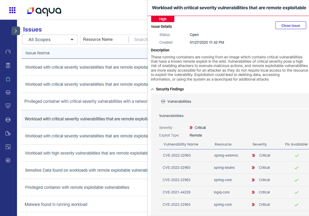 Aqua Hub Issues page: Detailed information about Internet exposed workloads with remote exploitable vulnerabilities